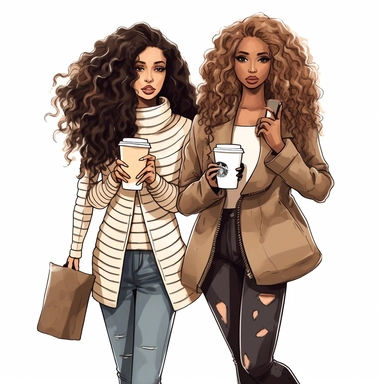 christmas african american best friends long curly hair clipart girlfriends,full body, fashion, pretty face. holding Chanel purse and Starbucks coffee illustration
