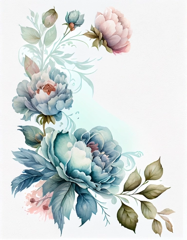 detailed watercolor pastel blue peony corner border , isolated on white background, realistic, clipart