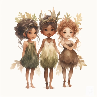 Very cute adorable brown skin forest elves, elf ears, season inspired clothing, fairytale, enchanted forest, watercolour illustration, soft light, clipart, white background