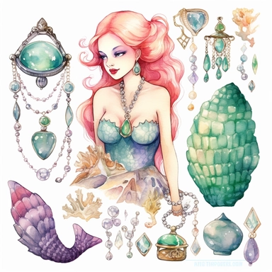 watercolor clipart mermaid clipart , jewels, treasure chest, pearls , shells with pearls, cute fish, seaweed , cartoon detailed