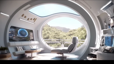 movie clip scene mid day of summer, circular elevated living pod, shimmering lights and shadows over living room studio library and kitchen open concept photographic high definition render, cold blinding shinny white fall light god rays shadows shimmering closeup detail concept art detailed painting with giant spaceship window of a cool industrial living quarters spaceship , huge over window with gorgeous galactic view, happy blade runner android, cool airvehicle cockpit, living bedroom office, 