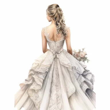 watercolor, hyper realistic, white background, white margins, 16k, ultra detailed clipart, cut out image, hand-drawn back view of a bride in a vintage-inspired gown with intricate buttons, lace trims, and a timeless silhouette, exuding old-world charm.