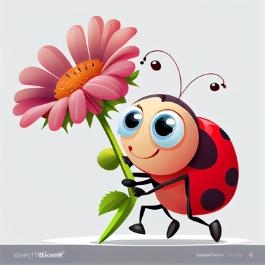 cartoon cute lady bug holding flower vector, Clipart, digital art, red, flying on white background,