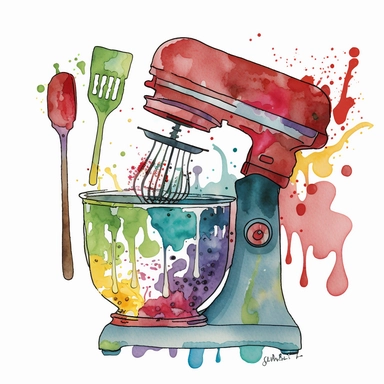 watercolor painting with white background clip art of: The design features a brightly colored blender at the center, with a smiling face and arms holding a wooden spoon and spatula. Surrounding the blender are several other cooking appliances, each with their own unique design and personality. To the left of the blender is a cheerful red stand mixer, complete with a bow tie and a whisk in hand. Next to the mixer is a sleek silver food processor, with sunglasses and a mustache that give it a cool