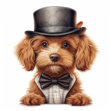 cute cavapoo wearing bowler hat, bow tie, realistic, vector, illustration, clip art, white background