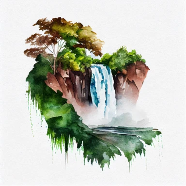 solitary watercolor jog falls karnataka India on a transparent background, clipart, blue green brown