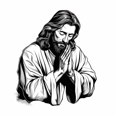 Jesus Christ, Cartoon Line art, praying, clipart style, solid white background