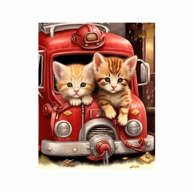Nestled inside and out of a fireman boot, outside the big doors of a fire out, a pair of adorable, fluffy kittens romp, fire engine clipart