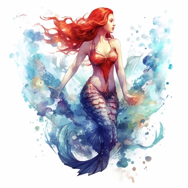 over realistic beautiful red haired mermaid woman with beautiful bright mermaid tail in the sea with watercolor effect,realistic face,detailed scene,sea plants,coral and mussel,underwater details,random colorfull fishes,blue color,fade colors,suitable for digital clipart,white background no physical deformation , realistic features,full body,fantasy scene