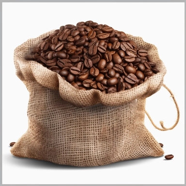 jute bag filled with roasted coffee, overflowing with roasted coffee on top, clipart for corporate presentation, transparent background