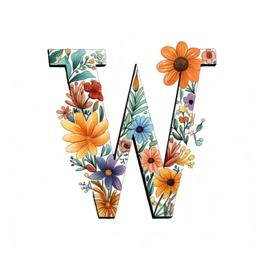 A minimalist digital illustration of the letter W in flower alphabet clipart, presented with a clean and simple aesthetic against a white background. The letter W is formed by a minimal arrangement of flowers, employing clean lines and geometric shapes. The color palette is kept minimalistic, allowing the flowers to stand out with subtlety. The white background emphasizes the simplicity of the floral alphabet, creating a sleek and contemporary visual appeal. Soft, diffused lighting enhances the 