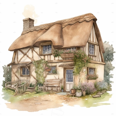 european cottage clipart, vintage cozy, country house, watercolour style