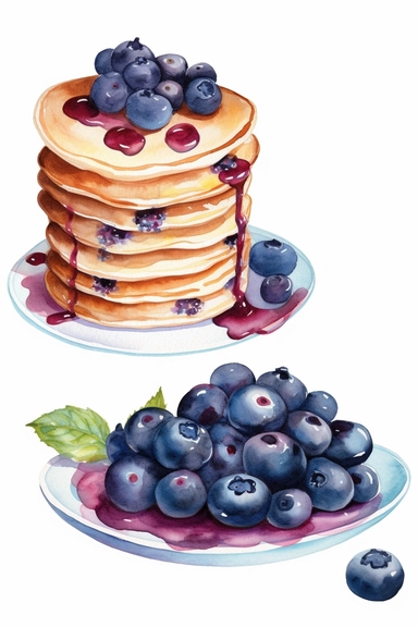 2 water colour blueberry pancake clipart, HD, isolated on white background, spaced out