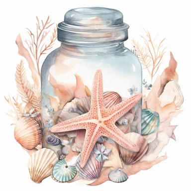 watercolor clipart of beautiful pastel shells and starfishes within a big round jar wrapped with rustic cord ornament, vintage style