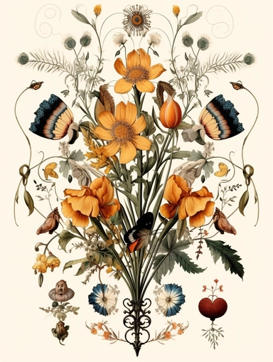 witchy style wildflowers botanical clipart, symmetrical design, decorative motif, folklore