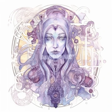 The high priestess Taro card , in the style of mystic mechanisms ,pencil art illustrations, Isolated white background, reimagined by industrial light and magic, lith printing, illusory images, watercolor clipart, very subtle purple tones, , ,