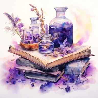 Spellbook, in the style of light silver and violet, mysterious and dreamlike scenes, realistic painted still lifes, vibrant watercolors, dreamlike installations, witchy academia, contest winner, watercolor clipart