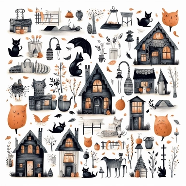 whimsical halloween clipart set, black cat, pumpkins, candles, sweets, ghosts, bats, spiders, haunted house, Minimal vintage, highly detailed, white background