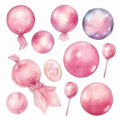 set of pink bubble gum, soft watercolor clipart
