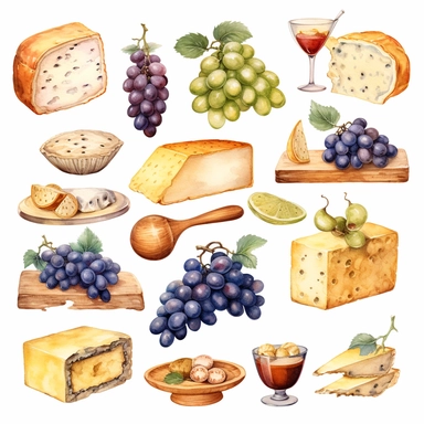 Watercolor cheese platter , illustrations clipart set, simple, soft colors, cartoon elements, different variants, cheese from around the world, wooden elements, wall nuts, grapes, raisins, separate elements with a margin