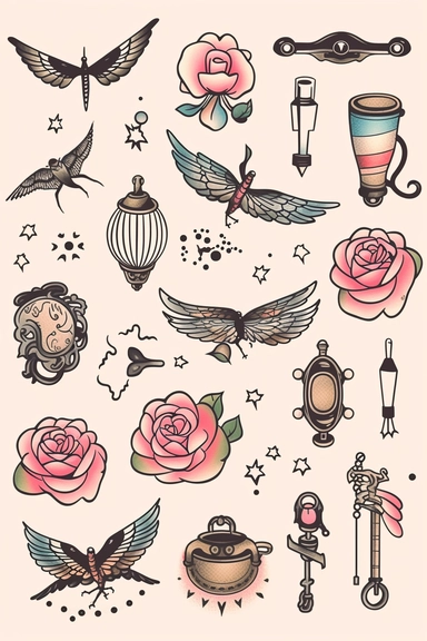 tattoos vector clipart on light background, vector cute collection, in the style of #screenshotsaturday, light black pastel background, flat areas of color, flat color blocks, 1970–present, rough-edged 2d animation, lightbox, colorful animation stills, high quality clipart, front view