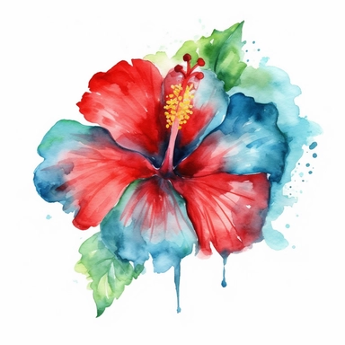 A watercolor painting of a red hibiscus flower with a blue and green background, Watercolor clipart, isolated on white background