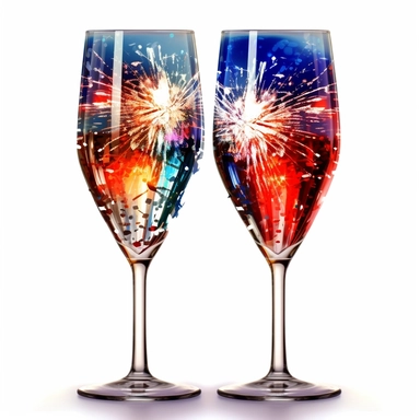 Fireworks Reflections on Glasses: Create clipart featuring fireworks reflections on a pair of glasses, such as sunglasses or champagne flutes. Use transparent and reflective effects to capture the unique and festive ambiance. patriotic pattern, stars and stripes, red white and blue, delicate detail, watercolor, in the style of artgerm, 2d game art, quadratura, clipart, on white background,