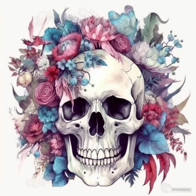Clipart, fantasy skull with a lot of flowers and plants, hyper detailed, floral, feather, leaves, deep shadows, watercolor, gothic, pink and marsh blue, vintage style, white background
