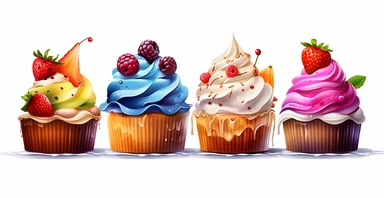 Mouth-watering cakes in a line, vivid colors, white background, drip art, oozing cream and sauce, ornamental watercolor clipart, I can't believe how beautiful this is