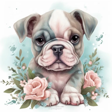 super cute newborn baby bulldog clipart with huge cute baby blue eyes extremely happy excited smiling mouth painted in watercolor style, splashes, muted pastel blush pink and muted pastel sage green and muted pastel sage blue eucalyptus and peony flowers, white background jasmine becket griffith style hyper-realistic photorealistic hd