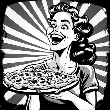 Upscaling image #3 with a egocentric and euphoric girl laughing hard, eating pizza, looking to the camera, in style of 1950`s, black and white clipart