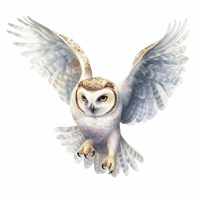 A Cute Owl Flying. Watercolor hyper-realistic detailed animal illustrations, elegant brush strokes techniques, delicate markings, monochromatic paintings, free brushwork, watercolor illustrations, painted illustrations Clipart, White Background