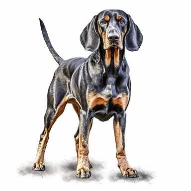 black and tan coonhound in the style of digital airbrushingstanding realistic yet stylized, digitally enhanced, clipart, 32k uhd, detailed crosshatching white background