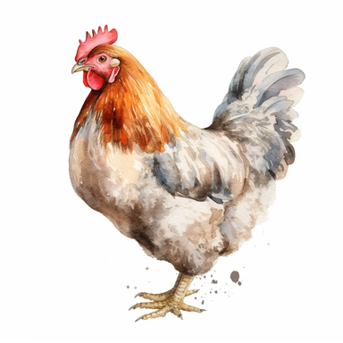 Highly detailed and realistic chicken Watercolor Clipart, transparent background, watercolor and black ink, on white background, NO TEXT,NO WATERMARKS