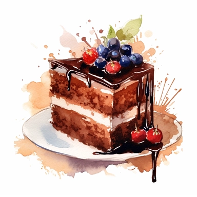 chocolate cake, watercolor style, clear lines, clip art