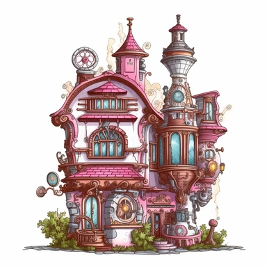 Beautiful Pink Steampunk House Sublimation Girl Clipart ,Cartoon,hyper realistic, intricate detail, illustration style,high solution,on the white background