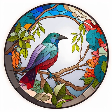 Exotic Bird Colorful Stained Glass Circle Clipart, white background,