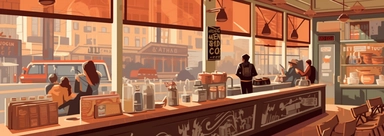 Create a 'Tourism Illustration' that embodies the quintessential American coffeehouse vibe, use point-projection perspective. resonating with the comforting aroma of a freshly brewed cappuccino. Consider taking inspiration from the historic and cozy coffeehouses in Seattle, Washington, renowned as the coffee capital of the U.S. The image should present a warm and inviting coffeehouse scene, seen from the outside looking in through a large window. Inside, we see a barista at work, the details of 