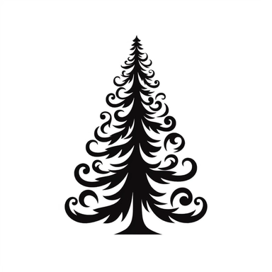 Black and white silhouette of a Christmas tree, clipart style, white background, thick lines, vector, simple design, flat color, solid color, Christmas core