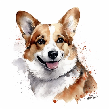 cute Pembroke Welsh Corgi dog portrait, full face, centered shot, side shot, dynamically posed, in action, playful mood, happy mood, playing mood, cute face, adorable smile, childlike eyes, clean watercolor illustration, white background, nursery baby imagery, painting, detailed, 8k, PNG, clipart,