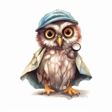 Cute Pygmy Owl BABY, BEAUTIFUL big SHINING EYES ,HAPPY, dressed as a Doctor , Watercolor Little Animals Clipart, COLORFUL