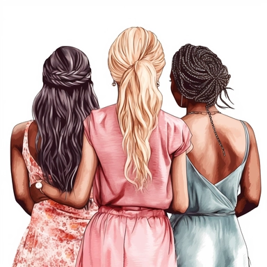clipart of three adult best friends, friends forever, different ethnicities, party girls, back facing, glam fashion, closeup