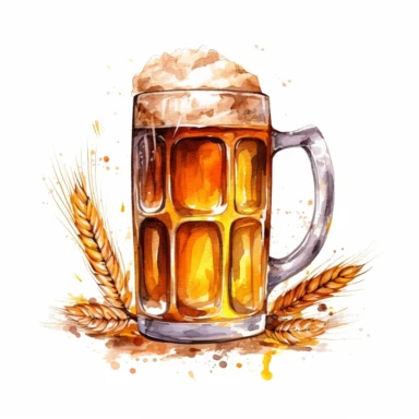 High resolution, beer wooden mug with vibrant colors and playful foam overflowing from the glasses and barley backdrop, watercolor clipart, white background for removing background