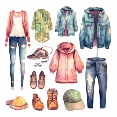 elements of cute Korean style t-shirts, blouses, jeans, purses , flat shoes, sneakers, hats, dresses, skirts for a cute sweet girl cliparts in watercolor on white background