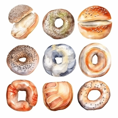 outlined watercolor illustration, bagel, clipart set, white background with margins, 8k