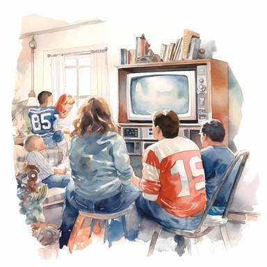 A nostalgic scene of families gathered around a black-and-white television, watching a popular show or sporting event, american style, watercolor, clipart