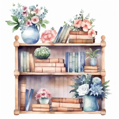 watercolor style, a bookshelf with multiple books, flowers and other decorations on it, realistic, delicate shades, clipart, isolated on white background, 4K