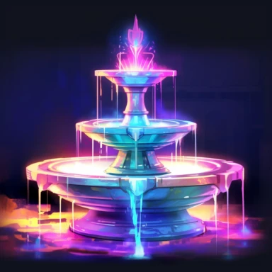 The holographic fountain is a marvel of technology and art, with its ethereal glow and cyberpunk design. The watercolor clipart style adds to the dreamy and otherworldly atmosphere of the scene. The lighting is natural, casting a soft and colorful glow on the fountain and its surroundings. The colors used are a mix of vibrant and muted hues, creating a balance between the futuristic and the mystical. The composition of the scene is set to capture the best view of the holographic fountain, with a