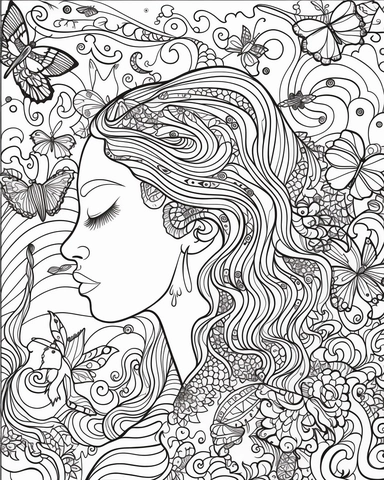 The coloring page features a girl surrounded by an array of psychedelic swirls and patterns, created using simple line art techniques. The girl is surrounded by a swarm of butterflies, adding an ethereal and dreamlike quality to the image. The design is filled with a variety of watercolor-related terminology, such as wash, blend, and color bleed, which give the image a sense of fluidity and movement. The colors used are bright and bold, with a range of pinks, purples, oranges, and yellows, that 