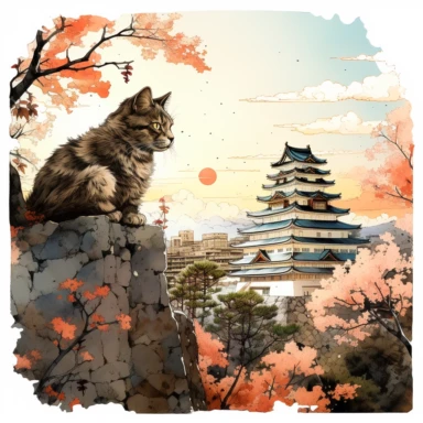 cherry blossoms laden on Osaka Castle Bottom, Siamese Cat wearing a Japanese kimono, sunset. Clipart Watercolor